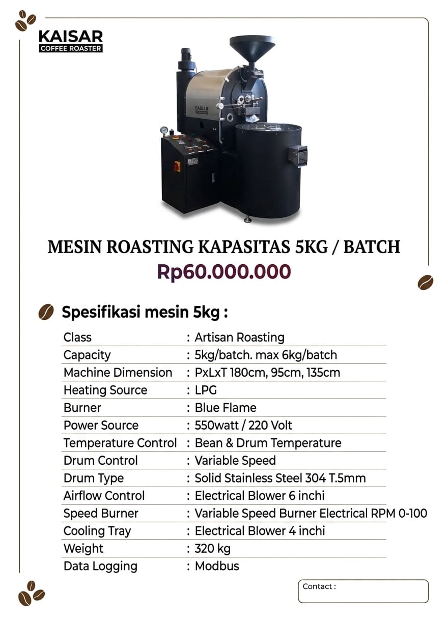 Lembar Spesifikasi Resmi Mesin Roasting Kapasitas 5kg Kaisar